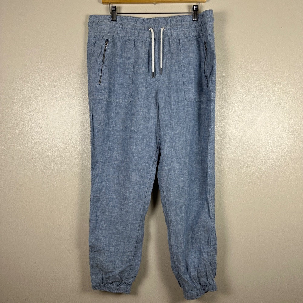 Athleta Womens 14 Cabo Linen Jogger Blue Drawstring Elastic Waist Zip‎ Pockets